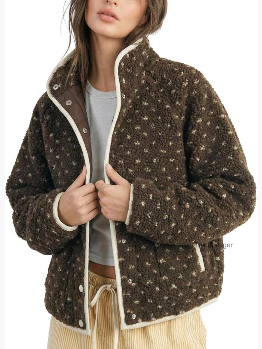 Sherpa Fleece Puffer Jacket Women Button Down Long Sleeve High Neck Quilted